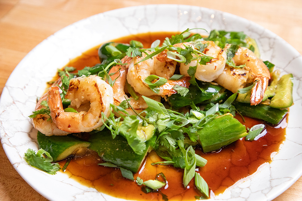 Cucumbers with Ginger Scallion Sauce and Lemongrass Shrimp