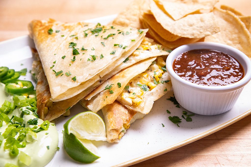 Mexican Street Corn Quesadilla with Avocado Crema 